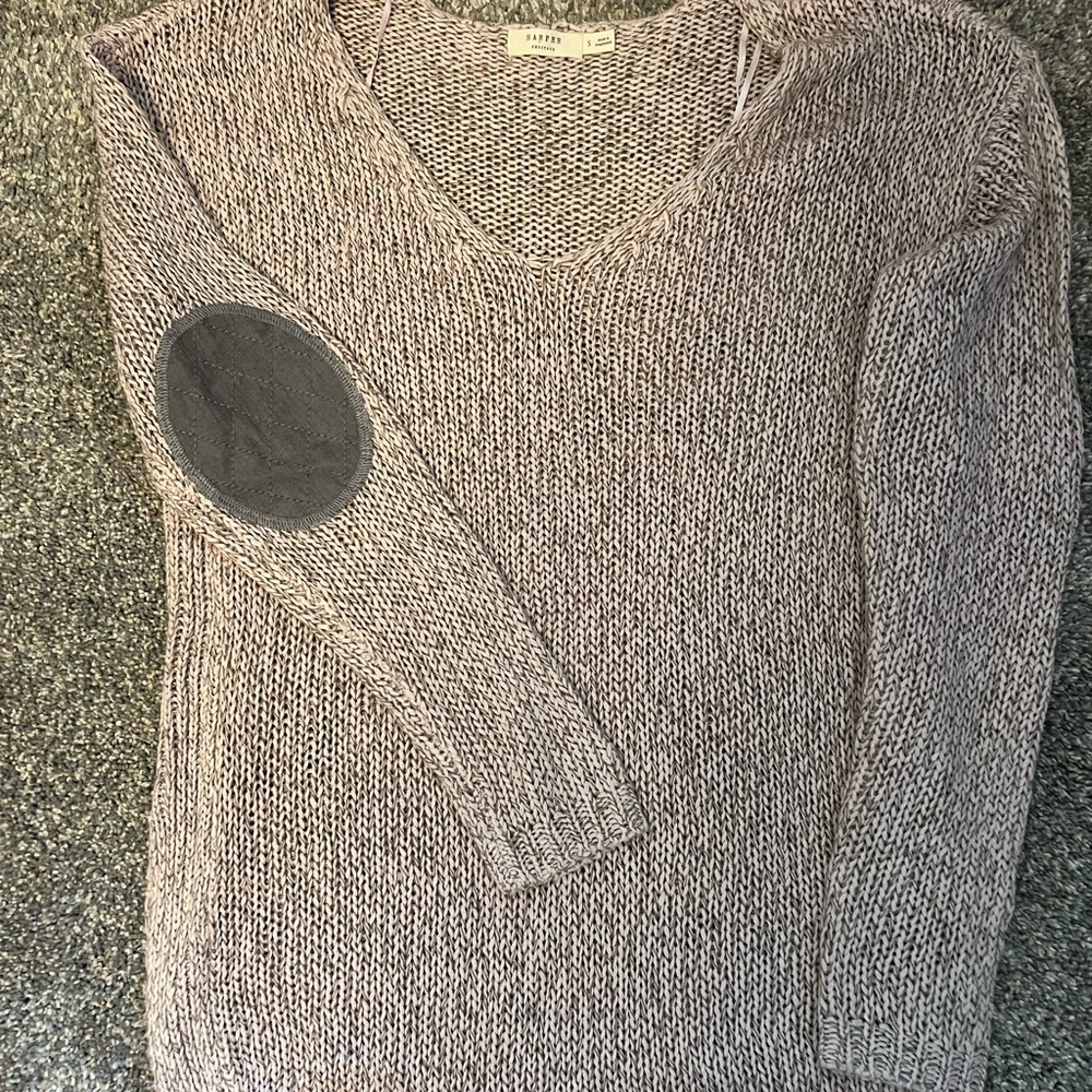 Harper rise/tan V-Neck Sweater with Elbow Patch